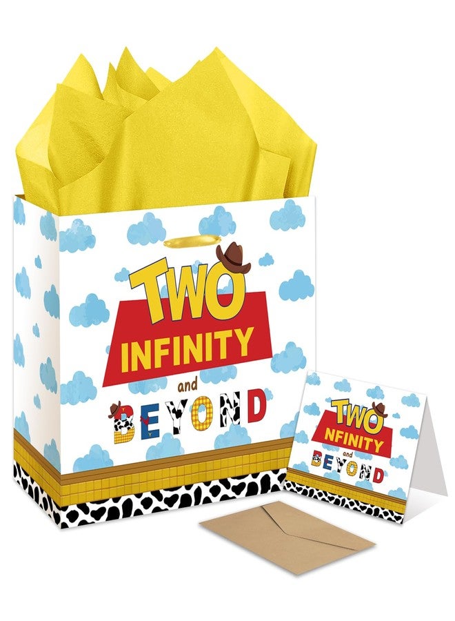 RTMISA Two Infinity and Beyond Birthday Gift Bag with Tissue Paper and Greeting Card Cartoon Story 2 Year Old Boy Birthday Gifts Wrapping Bag 2nd Birth Day Decorations Supplies - Image 1